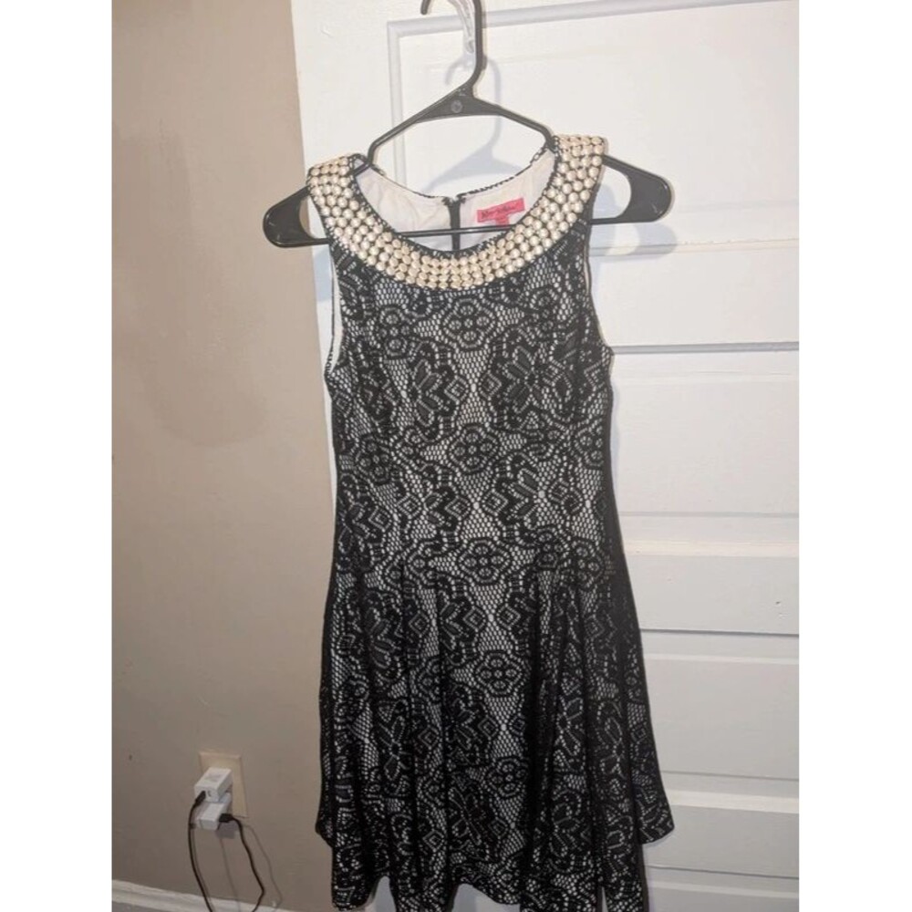 Betsey Johnson Black Lace Fit Flare Mini Dress Pearl Embellished Neckline Size 2